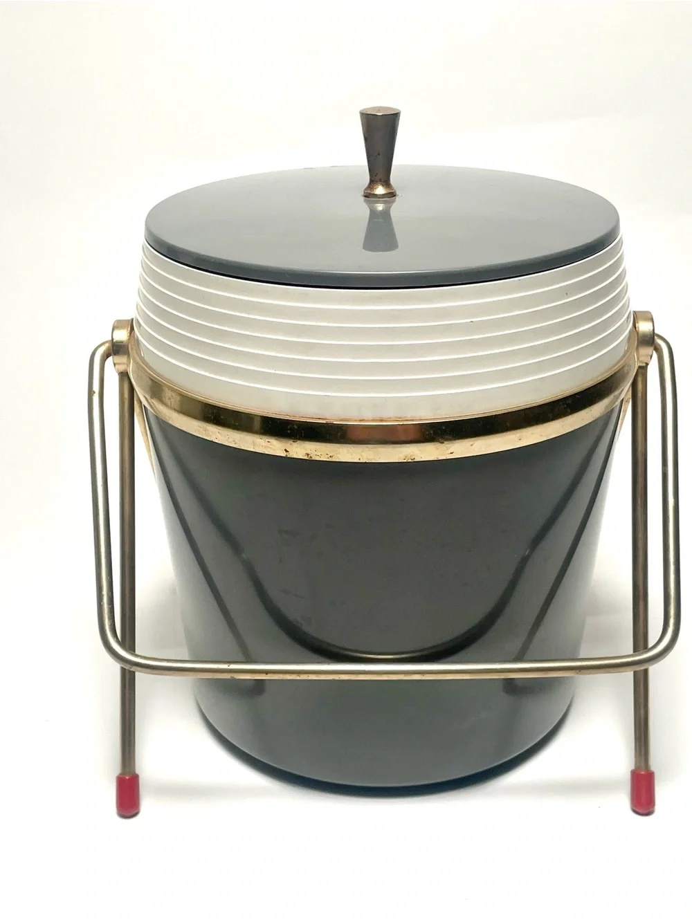 Vintage Mid Century Modern Charcoal Grey Ice Bucket & Metal Caddy Stand Legs